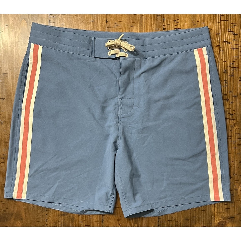 Faherty Board Shorts Seawool Recycled Striped Swim Trunks Size 36 Blue Surf